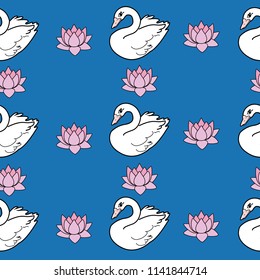 Trendy seamless pattern with white swans, water lily  on dark blue background. Night lake art background. Fashion design for fabric, wallpaper, textile and decor.