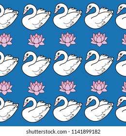 Trendy seamless pattern with white swans, water lily  on dark blue background. Night lake art background. Fashion design for fabric, wallpaper, textile and decor.