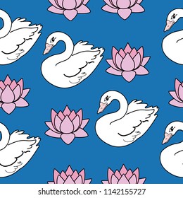 Trendy seamless pattern with white swans, water lily  on dark blue background. Night lake art background. Fashion design for fabric, wallpaper, textile and decor.