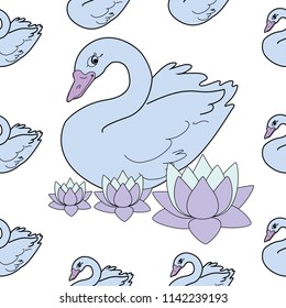 Trendy seamless pattern with white swans, water lily  on dark blue background. Night lake art background. Fashion design for fabric, wallpaper, textile and decor.