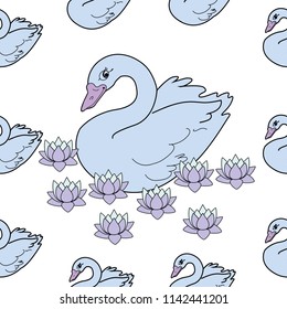 Trendy seamless pattern with white swans, water lily  on dark blue background. Night lake art background. Fashion design for fabric, wallpaper, textile and decor.