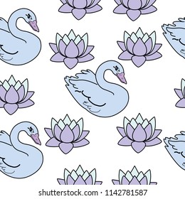 Trendy seamless pattern with white swans, water lily  on dark blue background. Night lake art background. Fashion design for fabric, wallpaper, textile and decor.