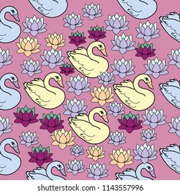 Trendy seamless pattern with white swans, water lily  on dark blue background. Night lake art background. Fashion design for fabric, wallpaper, textile and decor.