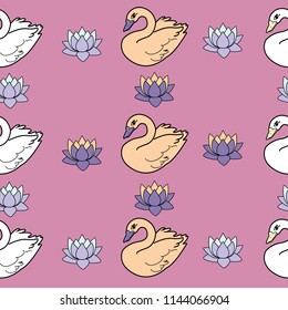 Trendy seamless pattern with white swans, water lily  on dark blue background. Night lake art background. Fashion design for fabric, wallpaper, textile and decor.