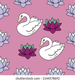 Trendy seamless pattern with white swans, water lily  on dark blue background. Night lake art background. Fashion design for fabric, wallpaper, textile and decor.