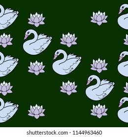 Trendy seamless pattern with white swans, water lily  on dark blue background. Night lake art background. Fashion design for fabric, wallpaper, textile and decor.