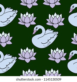 Trendy seamless pattern with white swans, water lily  on dark blue background. Night lake art background. Fashion design for fabric, wallpaper, textile and decor.