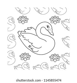 Trendy seamless pattern with white swans, water lily  on dark blue background. Night lake art background. Fashion design for fabric, wallpaper, textile and decor.