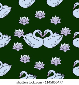 Trendy seamless pattern with white swans, water lily  on dark blue background. Night lake art background. Fashion design for fabric, wallpaper, textile and decor.