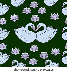 Trendy seamless pattern with white swans, water lily  on dark blue background. Night lake art background. Fashion design for fabric, wallpaper, textile and decor.