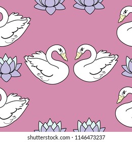 Trendy seamless pattern with white swans, water lily  on dark blue background. Night lake art background. Fashion design for fabric, wallpaper, textile and decor.
