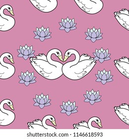 Trendy seamless pattern with white swans, water lily  on dark blue background. Night lake art background. Fashion design for fabric, wallpaper, textile and decor.