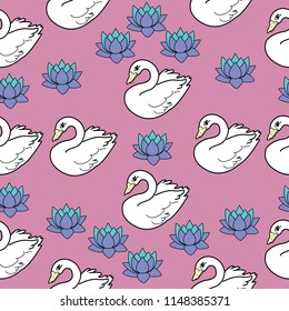 Trendy seamless pattern with white swans, water lily  on dark blue background. Night lake art background. Fashion design for fabric, wallpaper, textile and decor.