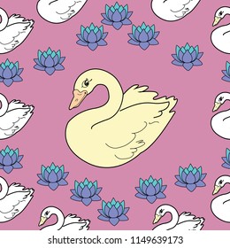 Trendy seamless pattern with white swans, water lily  on dark blue background. Night lake art background. Fashion design for fabric, wallpaper, textile and decor.