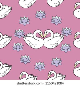 Trendy seamless pattern with white swans, water lily  on dark blue background. Night lake art background. Fashion design for fabric, wallpaper, textile and decor.