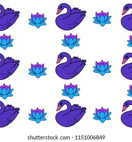 Trendy seamless pattern with white swans, water lily  on dark blue background. Night lake art background. Fashion design for fabric, wallpaper, textile and decor.