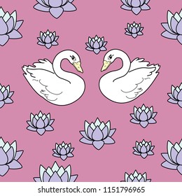 Trendy seamless pattern with white swans, water lily  on dark blue background. Night lake art background. Fashion design for fabric, wallpaper, textile and decor.