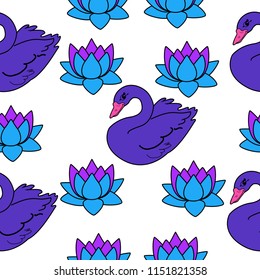 Trendy seamless pattern with white swans, water lily  on dark blue background. Night lake art background. Fashion design for fabric, wallpaper, textile and decor.
