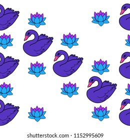 Trendy seamless pattern with white swans, water lily  on dark blue background. Night lake art background. Fashion design for fabric, wallpaper, textile and decor.