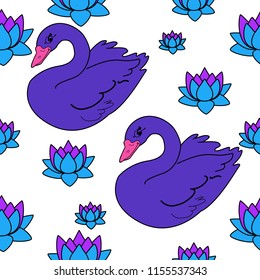 Trendy seamless pattern with white swans, water lily  on dark blue background. Night lake art background. Fashion design for fabric, wallpaper, textile and decor.