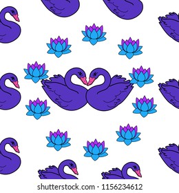 Trendy seamless pattern with white swans, water lily  on dark blue background. Night lake art background. Fashion design for fabric, wallpaper, textile and decor.