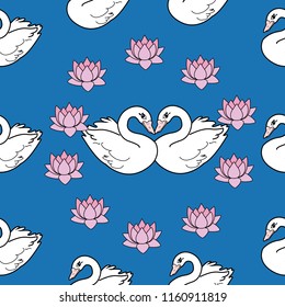 Trendy seamless pattern with white swans, water lily  on dark blue background. Night lake art background. Fashion design for fabric, wallpaper, textile and decor.