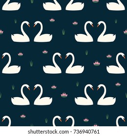 Trendy seamless pattern with white swans in love and water lily on dark blue background. Night lake art background. Fashion design for fabric, wallpaper, textile and decor.