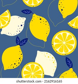 Trendy seamless pattern with whole lemons and sliced lemons