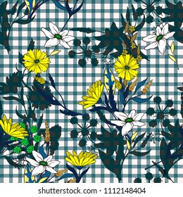 Trendy seamless pattern with wild flowers and leaves on a cell background.