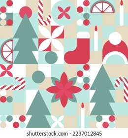 Trendy seamless pattern with winter patterns. New Year - geometric colored mosaic texture for textiles and wallpapers, Christmas symbols - fir tree, candles, stocking, lollipop, toys.