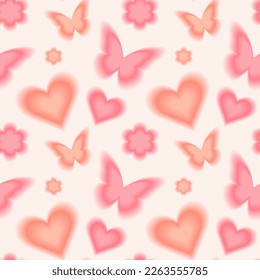 Trendy seamless pattern and y2k blurred gradient daisy flower  hearts   butterflies  Pastel color background 