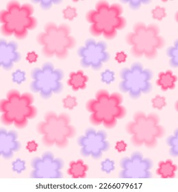 Trendy seamless pattern with y2k blurred gradient pastel daisy flower on pink background. Abstract geometric background.