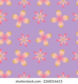 Trendy seamless pattern with y2k blurred gradient daisy flower on purple background. Groovy color background. 