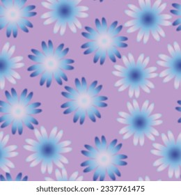 Trendy seamless pattern with y2k blurred gradient daisy flower on purple background. Groovy color background. 