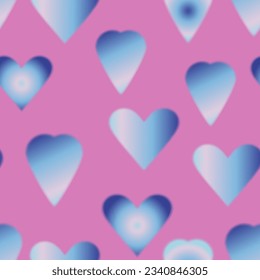 Trendy seamless pattern with y2k blurred gradient heart on pink background. Groovy color love print