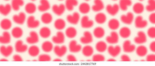 Trendy seamless pattern with y2k red blurred gradient circles and hearts. Abstract background with soft shapes in pastel colors.