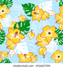 Trendy seamless pattern with yellow flowers and monstera leaves.Cool floral design on blue background.For fashion fabrics,home decor,T-shirts,cards and templates.Vector illustration,10 Eps.