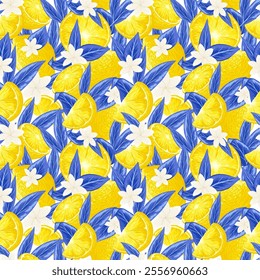 Trendy seamless pattern with yellow lemons and blue leaves. Citrus fruit repeated background. Vector bright print for fabric, wallpaper, wrapping. Retro 60s, 70s vector hand drawn illustration
