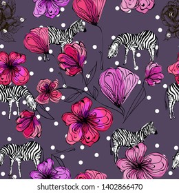trendy seamless pattern with zebra, flowers on white dots and purple background, design for textile texture