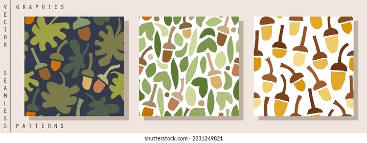 Trendy seamless patterns. Contemporary ornament of oak leaves, branches and acorns. Fun and simple kids graphics. Vector template