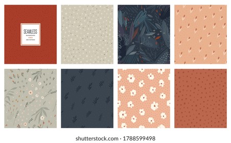 Trendy seamless patterns set. Cool abstract design. For fashion fabrics, kid’s clothes, home decor, quilting, T-shirts, backgrounds, cards and templates, scrapbooking etc. Vector illustration.