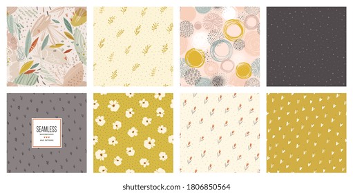 Trendy seamless patterns set. Cool abstract and floral design. For fashion fabrics, kid’s clothes, home decor, quilting, T-shirts, cards and templates, scrapbooking etc. Vector illustration