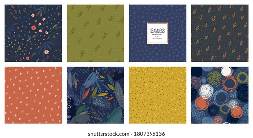 Trendy seamless patterns set. Cool abstract design. For fashion fabrics, home decor, quilting, backgrounds, cards and templates, scrapbooking etc. Vector illustration.