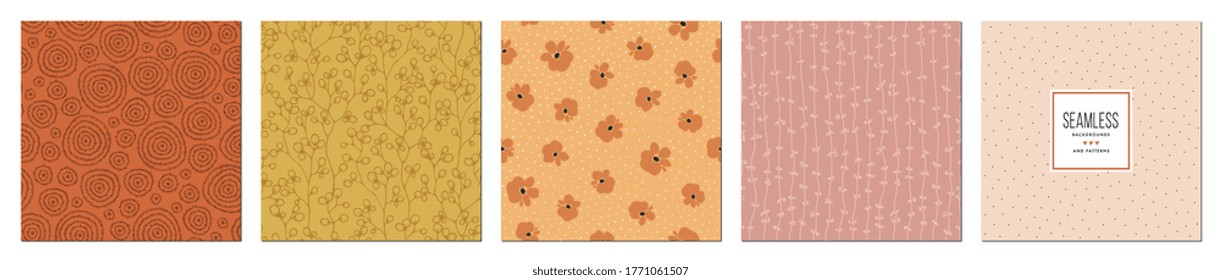 Trendy seamless patterns set in earth tones. For fashion fabrics, kid’s clothes, home decor, quilting, T-shirts, backgrounds, cards and templates, scrapbooking etc. Vector illustration