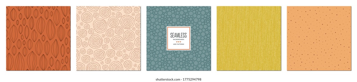 Trendy seamless patterns set in earth tones. For fashion fabrics, kid’s clothes, home decor, quilting, T-shirts, backgrounds, cards and templates, scrapbooking etc. Vector illustration