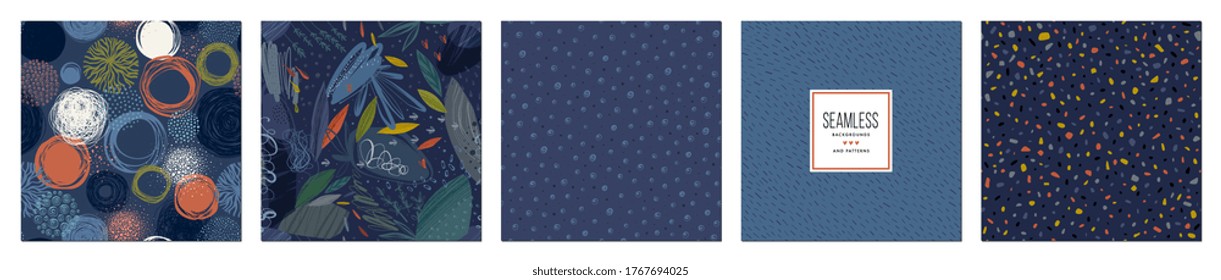 Trendy seamless patterns set in navy blue tones. Cool abstract design. For fashion fabrics, kid’s clothes, home decor, quilting, T-shirts, backgrounds, cards and templates, scrapbooking etc. 