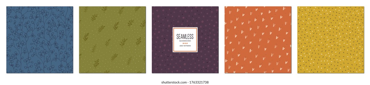 Trendy seamless patterns set. Rustic floral design. For fashion fabrics, kid’s clothes, home decor, quilting, T-shirts, backgrounds, cards and templates, scrapbooking etc. Vector illustration
