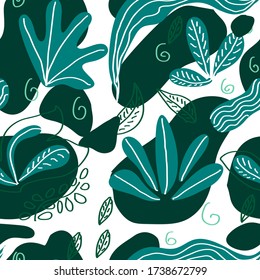 Trendige nahtlose Muster Striche und Flecken Palmblätter abstrakte Formen grüne Vektor-Illustration auf weißem Hintergrund