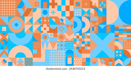 Trendy Seamless Peach Fuzz And Blue Abstract Vector Bauhaus Geometric Pattern Design Background Art