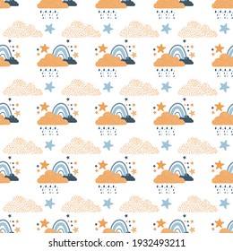 Trendy seamless repeating scandinavian pattern with rainbow, raining cloud and stars. Сhildish Illustration for baby textile, background, fabric, print, wall decor, texture